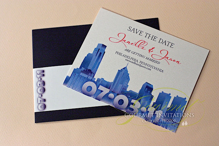 Philadelphia save the dates, Philly save the dates, skyline save the dates, blue save the dates, save the dates with envelopes, envelope address wraps