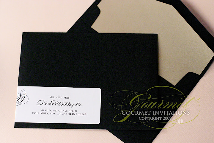 black envelopes, gold envelope liner, envelopes with addressing, envelope with label wrap, machined calligraphy, new year's eve wedding invitation