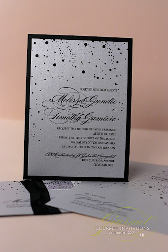 black and silver invitations, new years eve theme wedding invitation, confetti invitations, streamer invitations