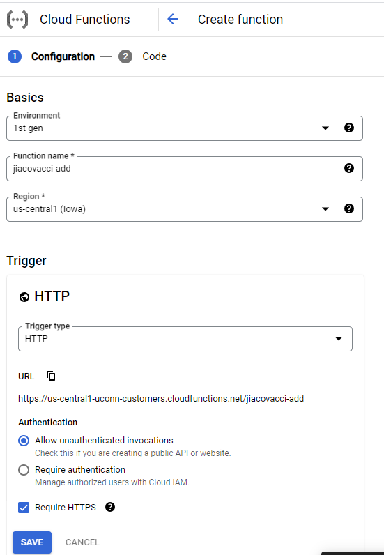 UCONN Stamford Google Cloud Development Platform: Cloud Function ...