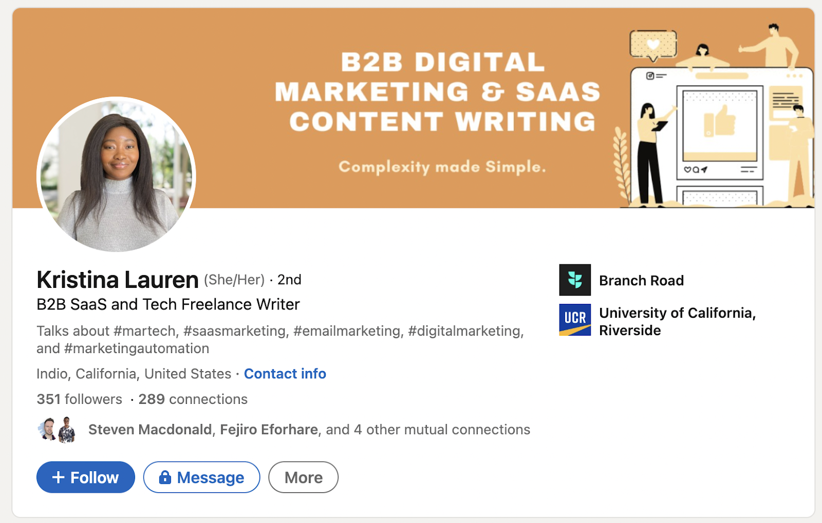 Freelance writer LinkedIn profile