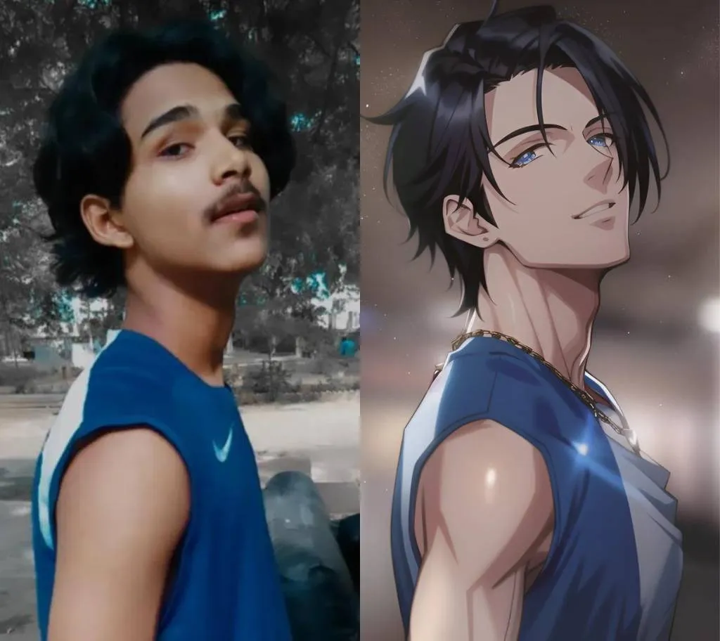 Picture of a young man on the left which has been transformed into an anime rendition on the right.