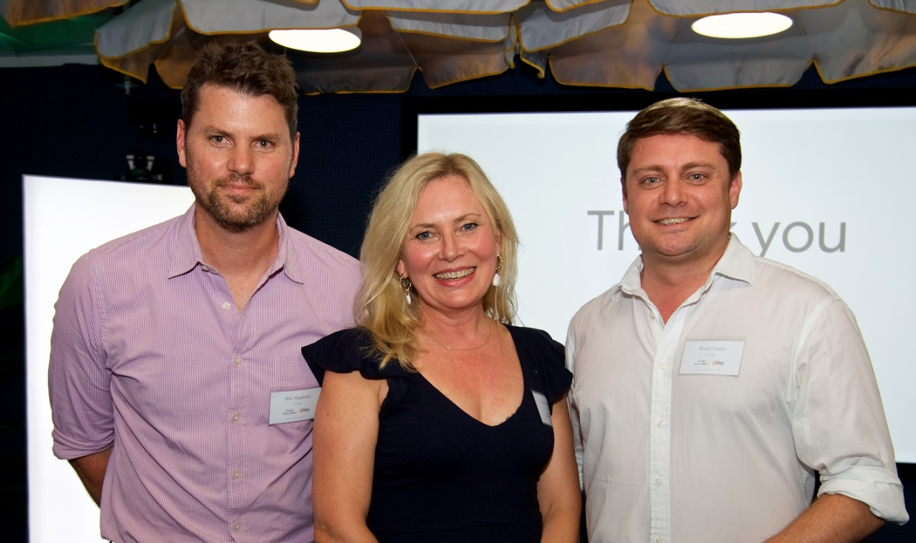 Photo of Nic Hopkins, Google News Lab Lead for Australia and New Zealand, with Walkley Foundation CEO Louisa Graham and Matt Cooke, News Lab Head of Partnerships and Training