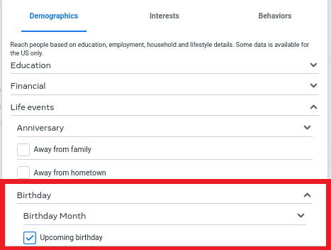 select upcoming birthday under life events for Facebook Birthday Discount Ad