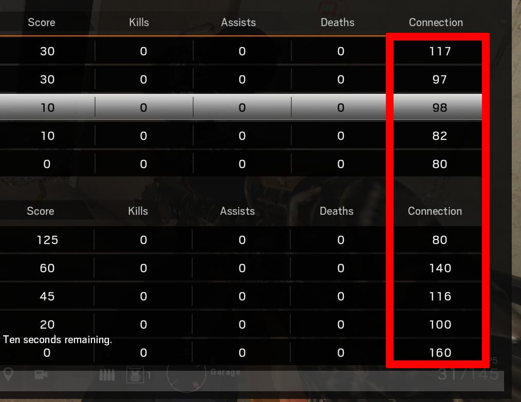 screenshot from rainbow six scoreboard showing the ping from each player