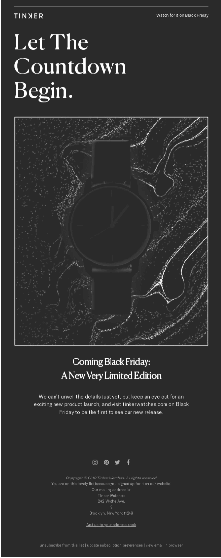 Black Friday teaser email from Tinker Watches