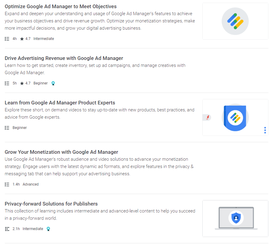 Berbagai macam course yang ada di Google Ads Manager skillshop. (Sumber: Google)