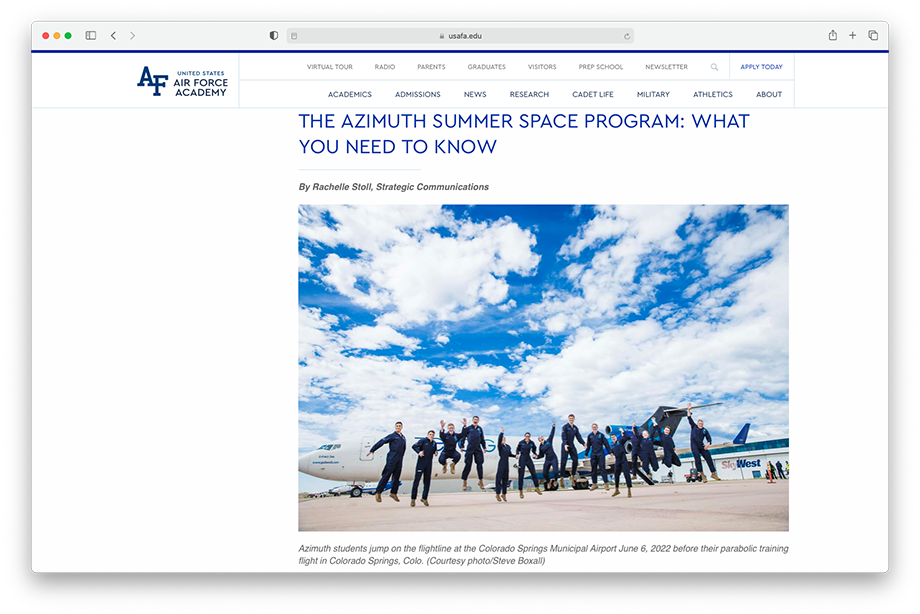 Screenshot of Air Force Academy press release showing the Azimuth Summer Space Program, where US Space Force cadets trained in Zero G aircraft. Image shot by Miami-photographer Steve Boxall.