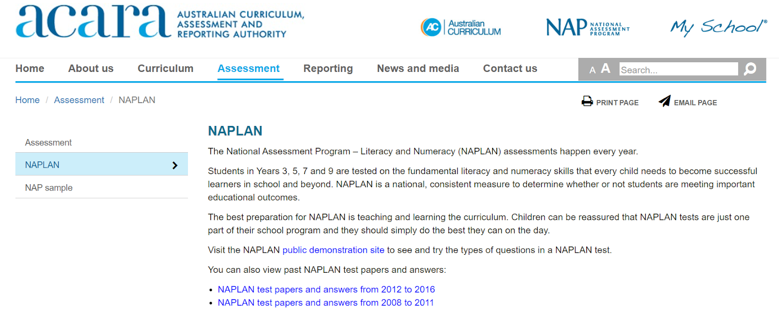 ACARA website - About NAPLAN page