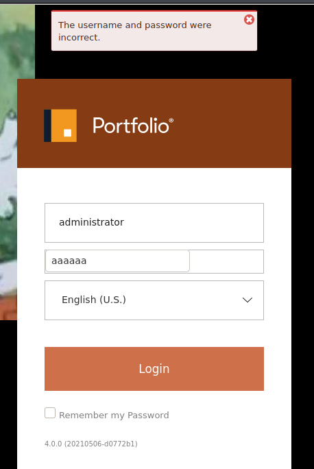 Next, this capture shows a user attempts to authenticate into the main Portfolio Server application as the administrative user with an invalid password. The application correctly denies the authentication since the password is incorrect.