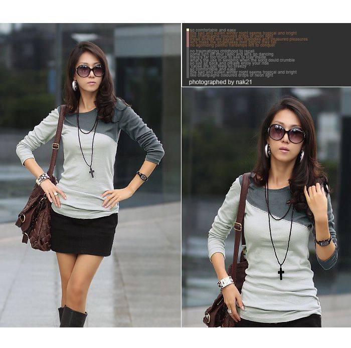 New Korea Casual Womens Patchwork Long Sleeve T-shirt Tee Tops Round ...