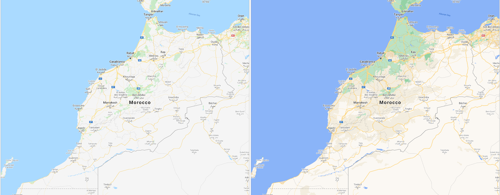 緑地が際立つモロッコの航空地図の画像。
