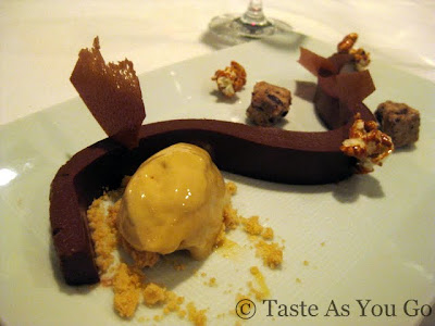 Valrhona Soft Chocolate - Chocolate Sponge and Caramel Popcorn Ice Cream at Fives at The Peninsula New York in New York, NY - Photo by Taste As You Go
