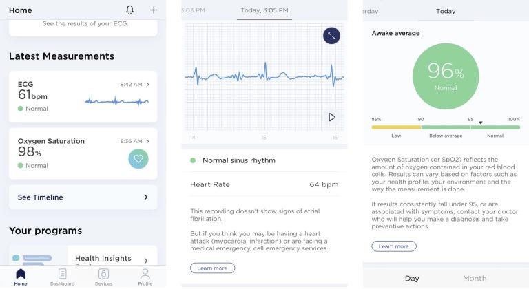 Withings Healthmate app screens showing health readings, heart rate graph, and sleep tracking