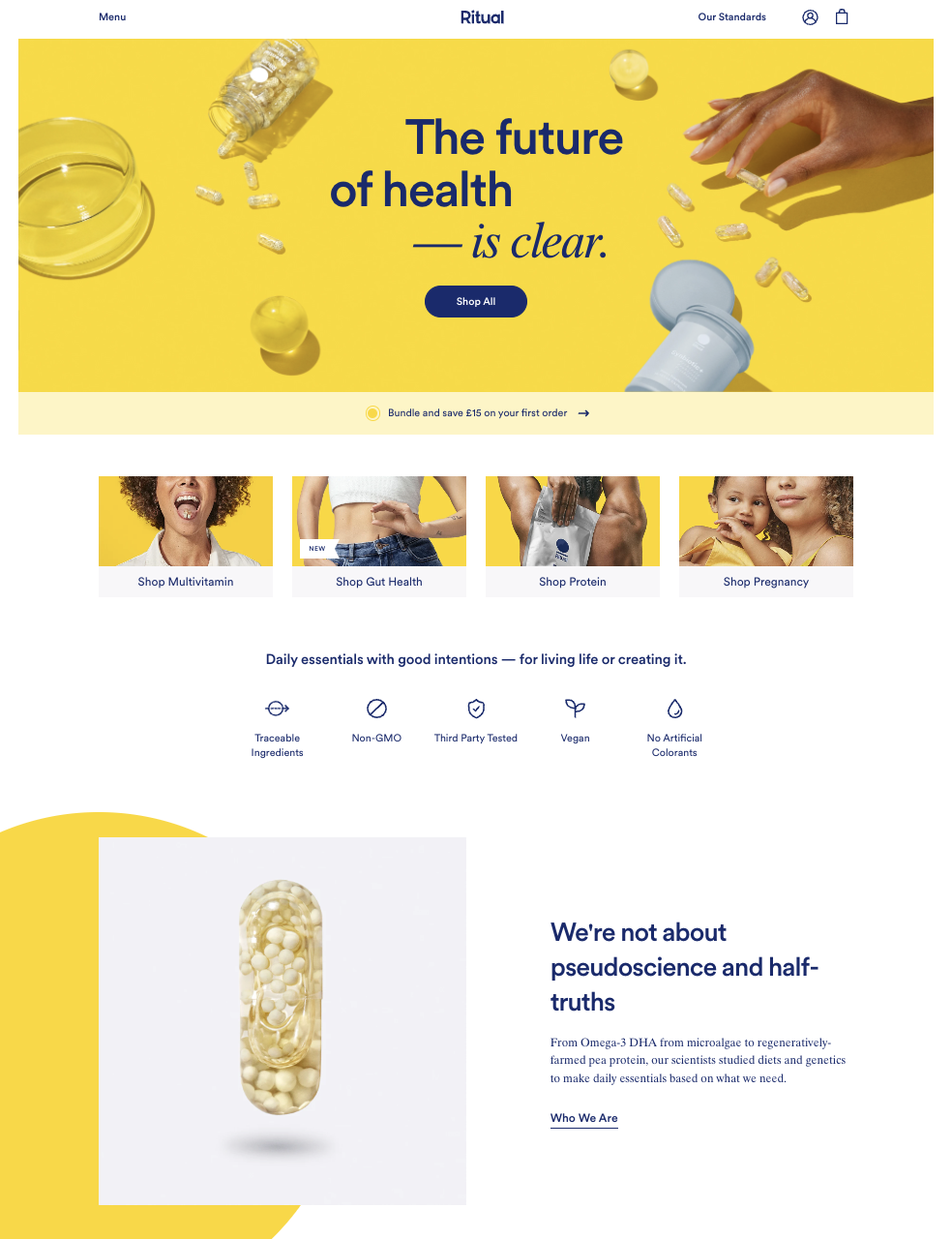 Ritual homepage featuring medicine capsules