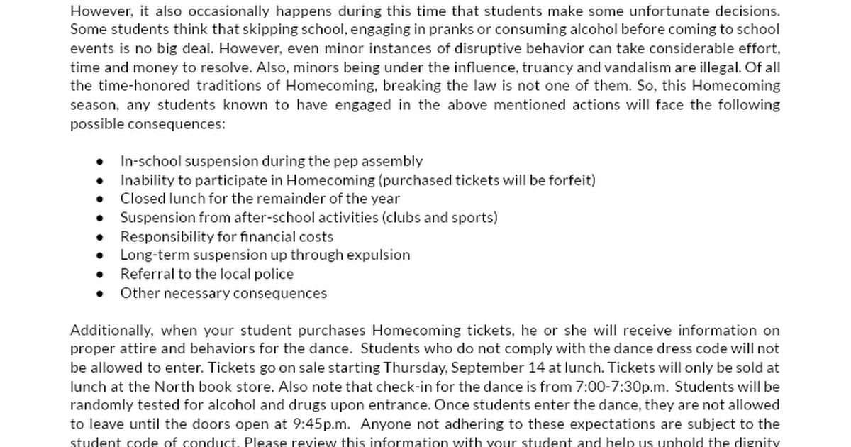 Homecoming parent letter 2022