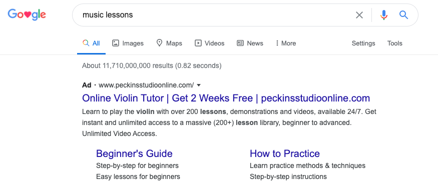 Ad search result for the keyword "music lessons".  