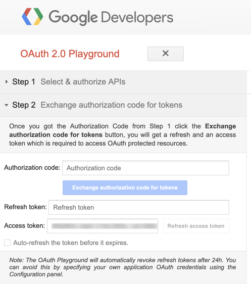 Pole přístupového tokenu Google Oauth Playground krok 2