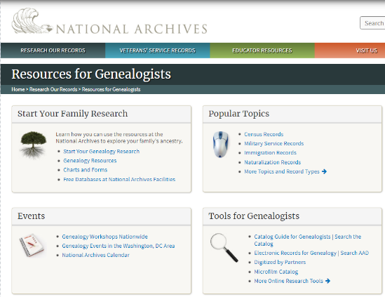 Screenshot of the archives.gov/research/genealogy