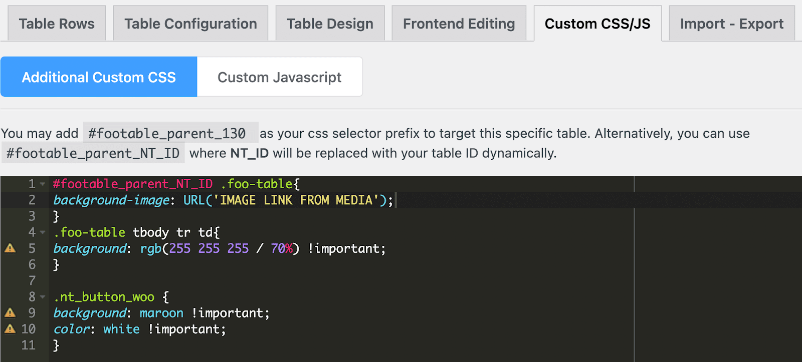 Custom CSS In Ninja Tables