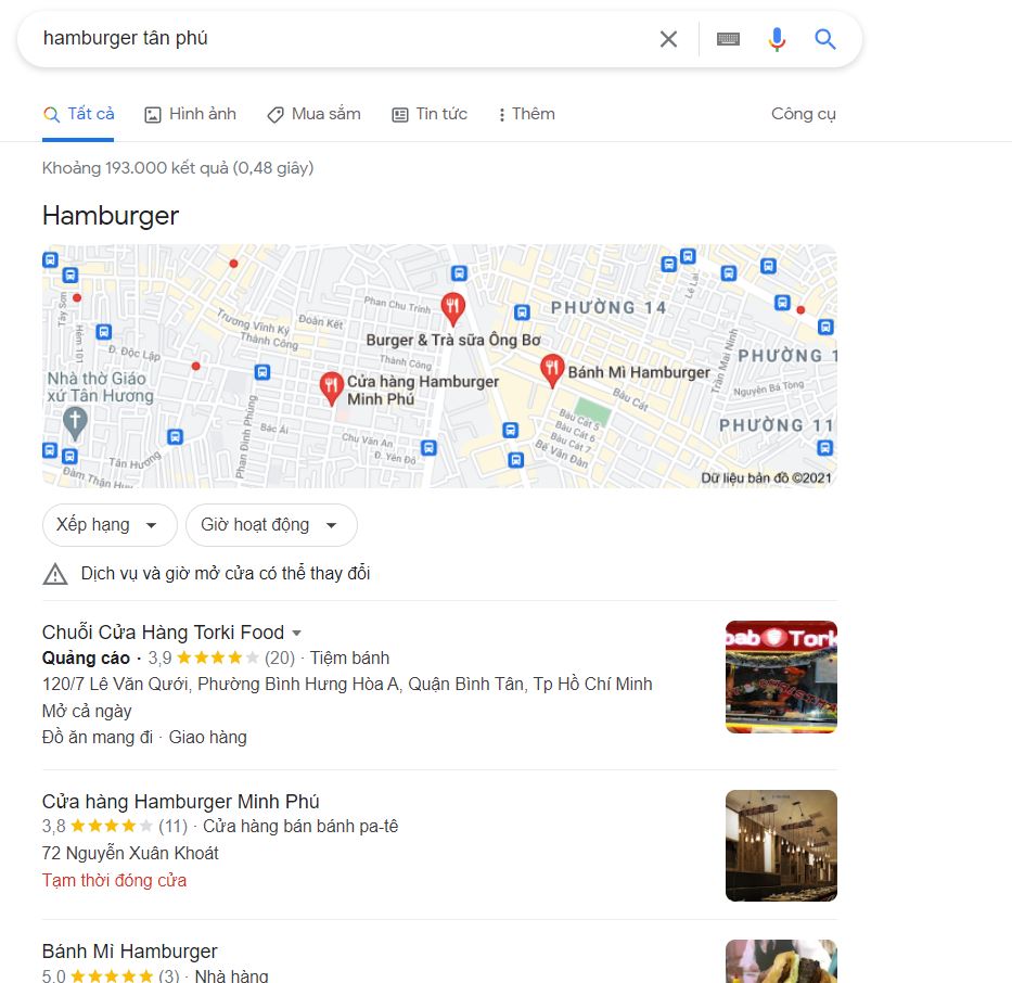 Kết quả từ khóa “hamburger tân phú” trên trang tìm kiếm Google (Nguồn: Internet)
