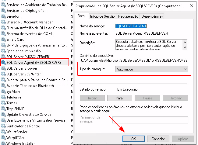 Página principal do services.msc com serviços do Windows, destaque no serviço do SQL Server Agent, pop-up de gerenciamento aberto e configurado para automático.