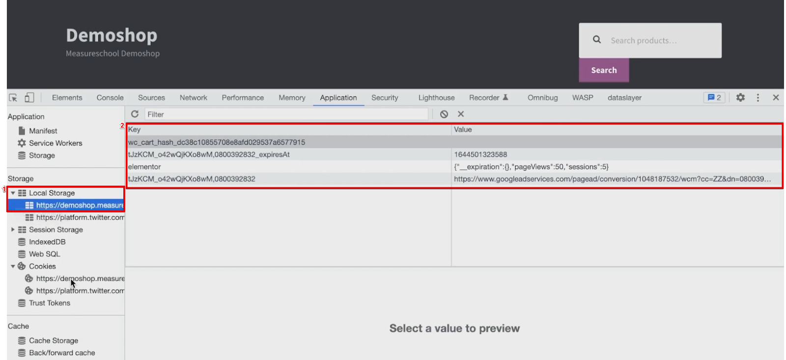 Accessing the local storage section from the applications window of developer tools 