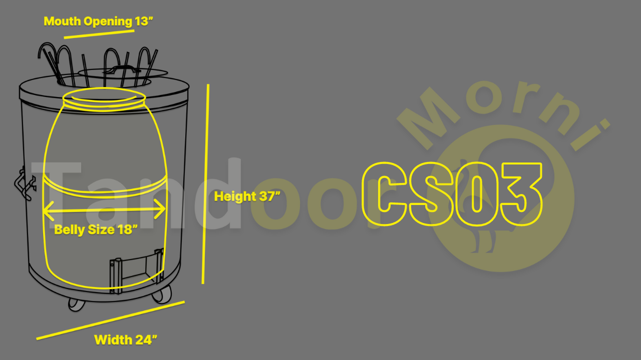 A CS03 model standing tall with a dimension of 24x24x37 inches, featuring a belly size of 18 inches and a mouth opening of 13 inches.