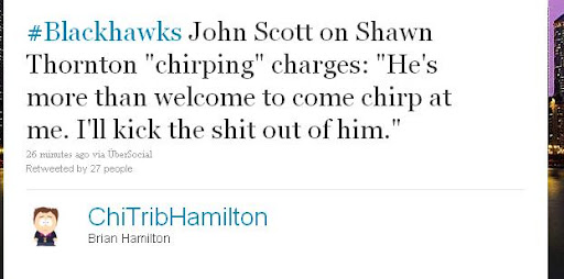 Some joke on Shawn Thornton: 'I'll kick the shit out of him.'