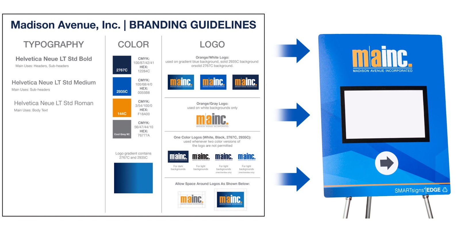 The Madison Avenue Branding Guidelines, showing our specific PMS colors, logos, and how to use them when creating graphics
