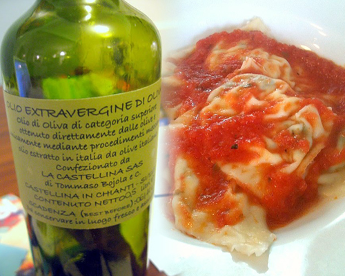 Tomato Sauce Made from Pomodori Pelati, Homemade Ravioli, and La Castellina Olive Oil