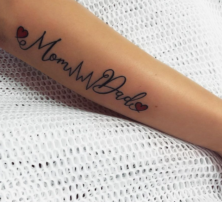 Double Red Heart Heartbeat Mom Dad Tattoo