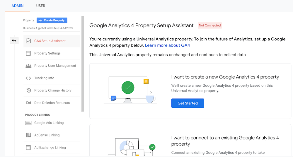 screenshot showing how to create a google analytics account and GA4 property with Google analytics 4 property setup assistant