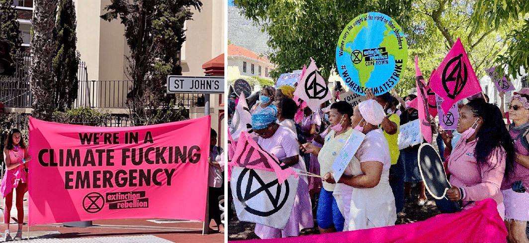 Left: A young woman holds a sign saying 'we're in a climate fucking emergency'. Right: dozens of women march waving pink XR flags and banners. 