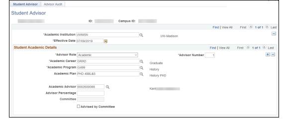 screenshot of Student Advisor page in SIS