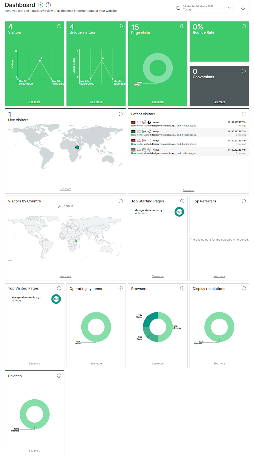 Painel principal do Visitor Analytics