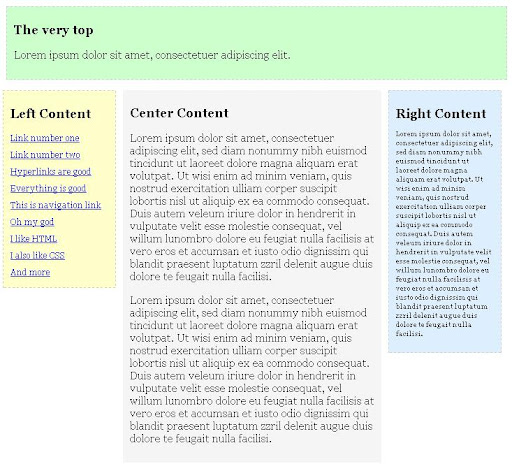 3 column static web page layout implementation using css and no tables