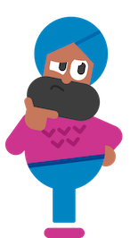 El personaje de Duolingo Vikram está reflexionando sobre algo, con su mano debajo de su barbilla