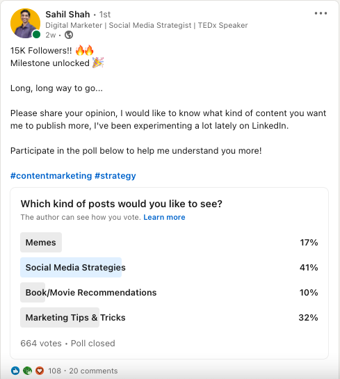 Sahil Shah's LInkedIn poll post 