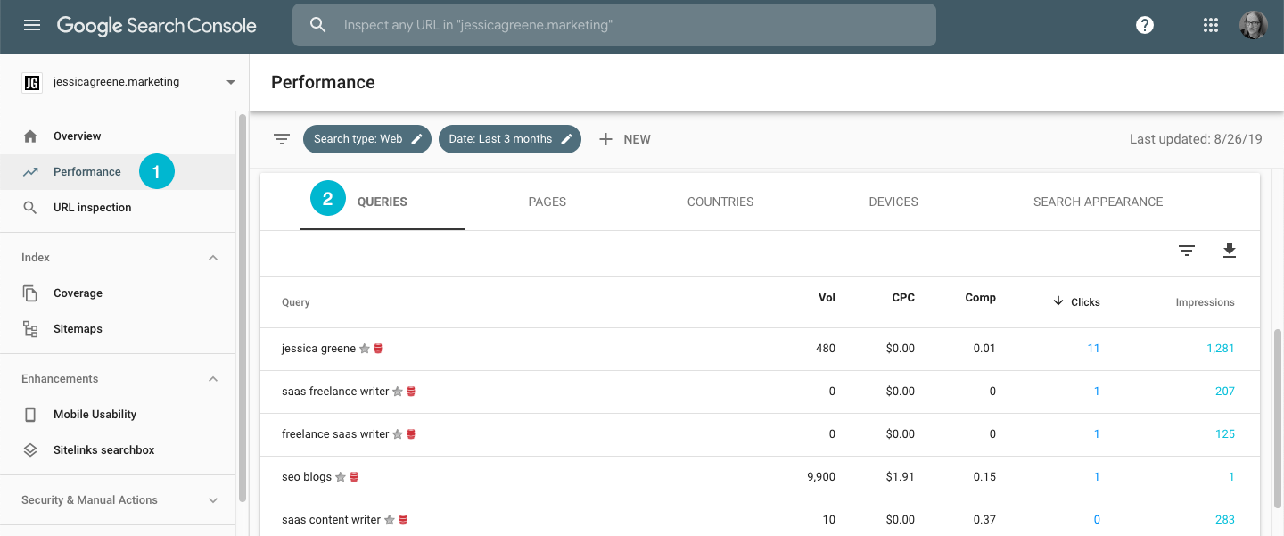 find keywords you're ranking for in google search console