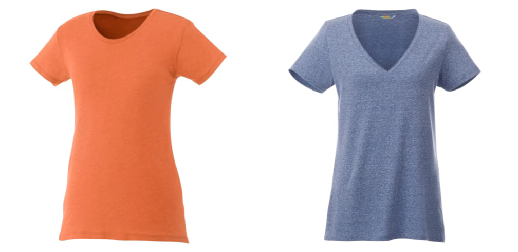 One plain orange female t shirt and one plain blue female t shirt with a V neck