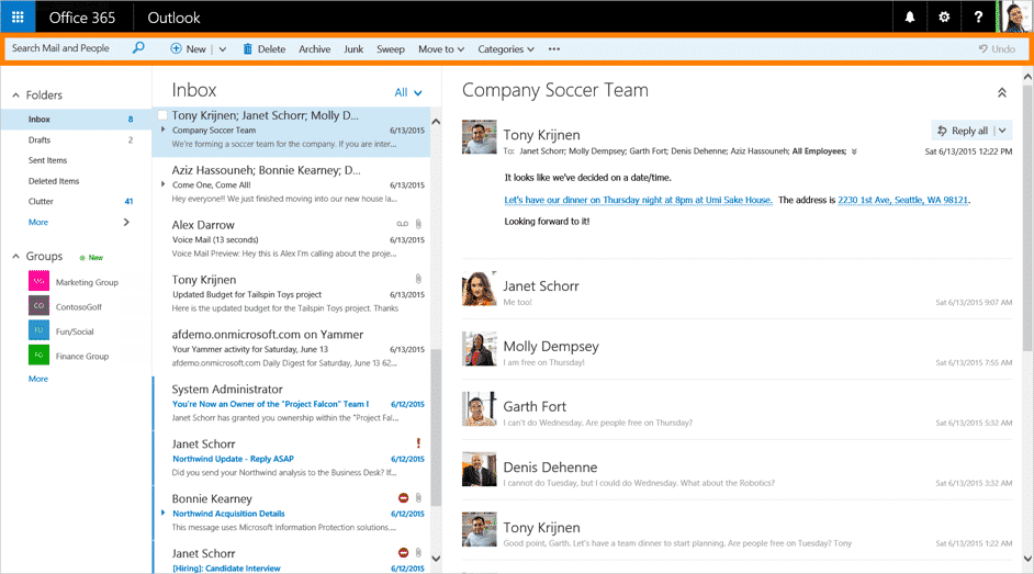 Office 365 Outlook window