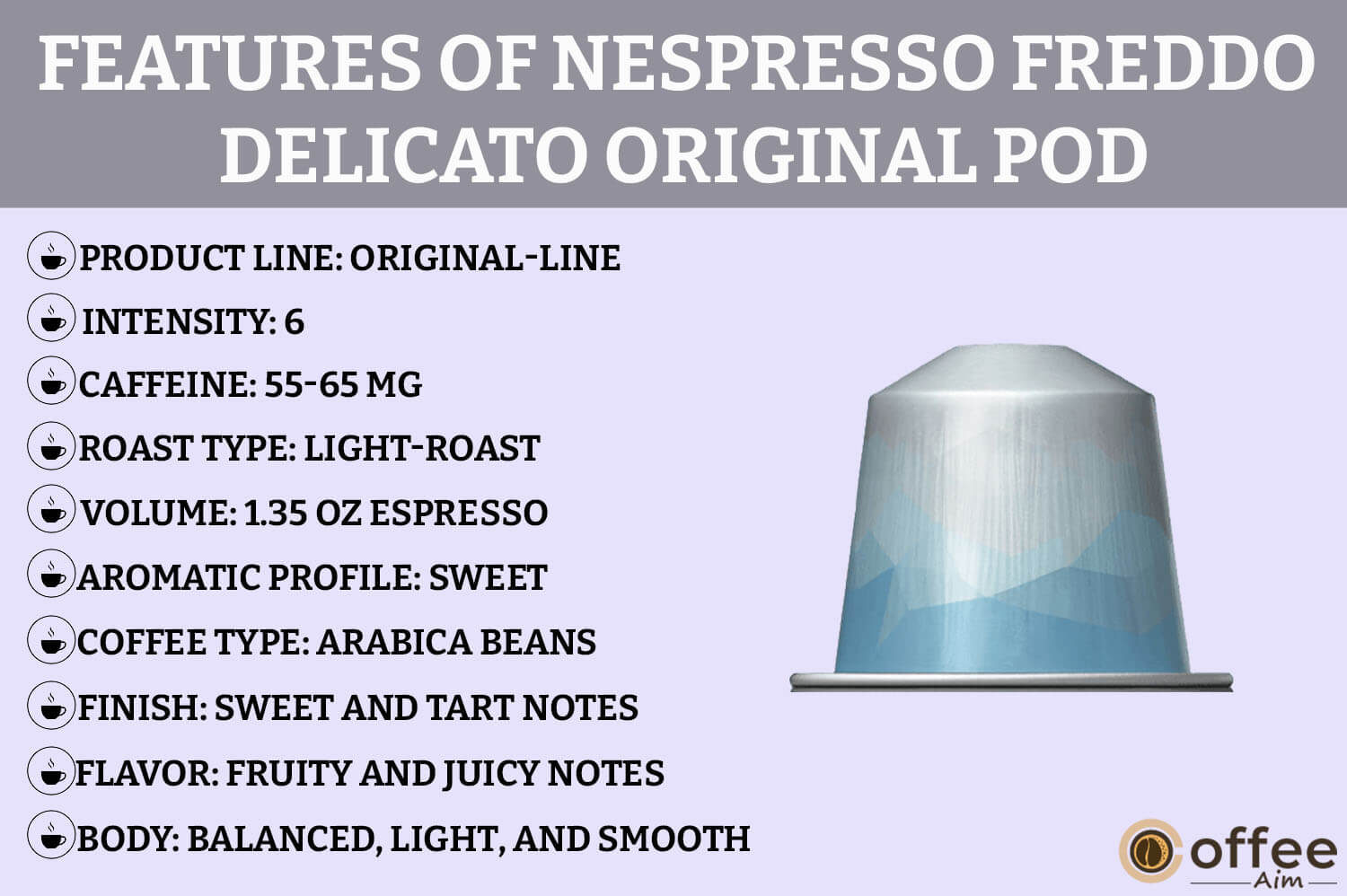 This image showcases the "Features" of the Freddo Delicato Original-Line Pod for the review of Nespresso Freddo Delicato.
