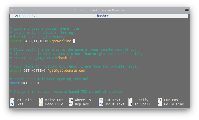 Applying the powerline theme using nano editor