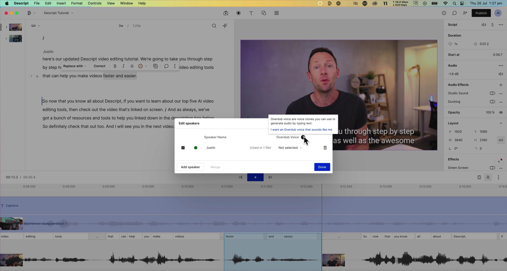 Edit speakers pop-up window where you can add a speaker and train the Overdub Voice to sound like you