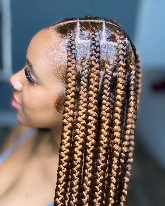 Side view of a lady showing off her honey-colored jumbo braids