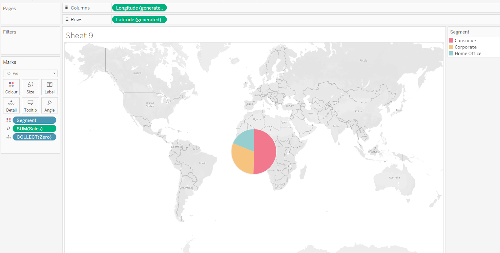creating a single pie chart on a map in Tableau