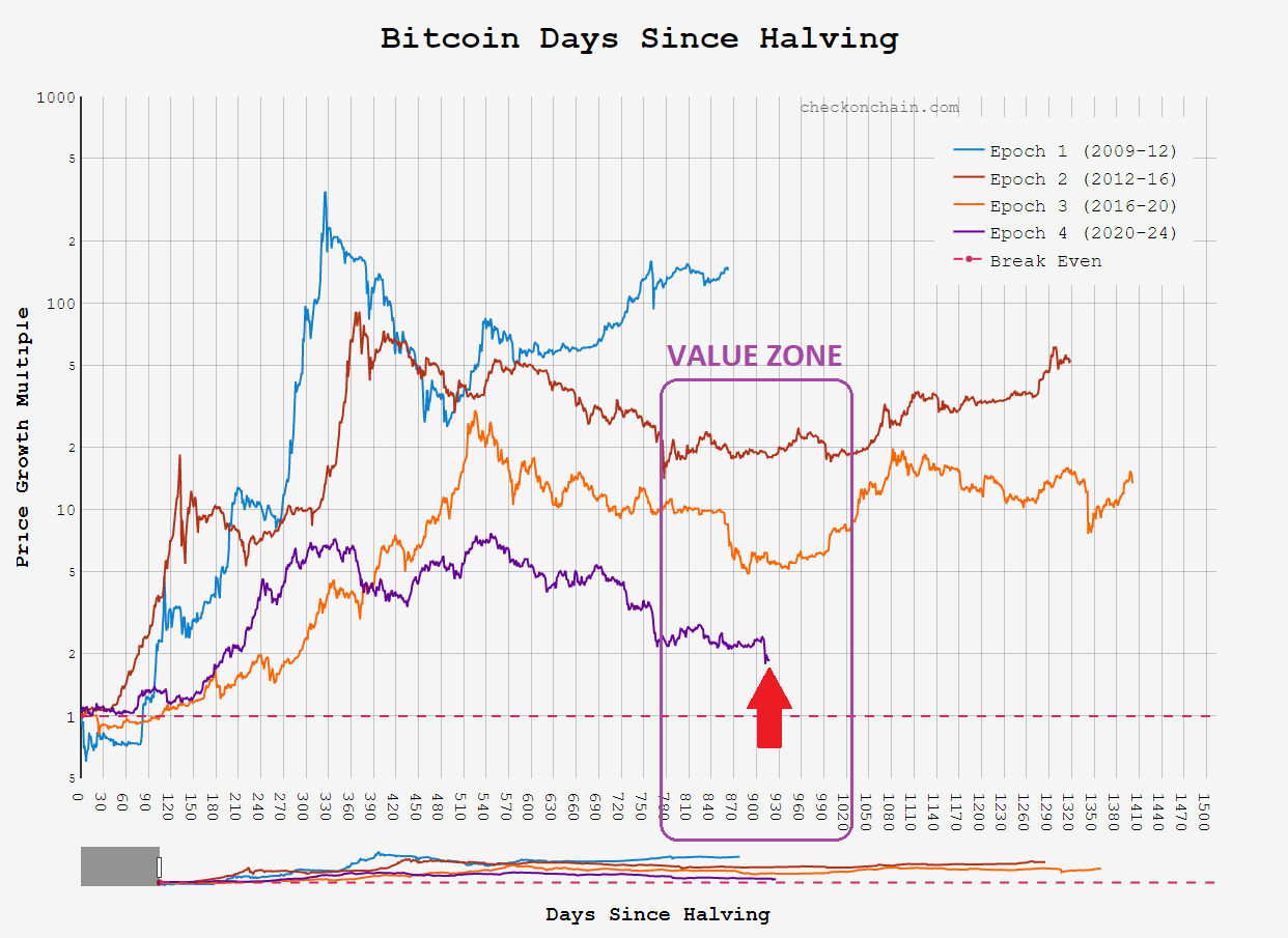 Chart showing bitcoin price patterns following each halving event.