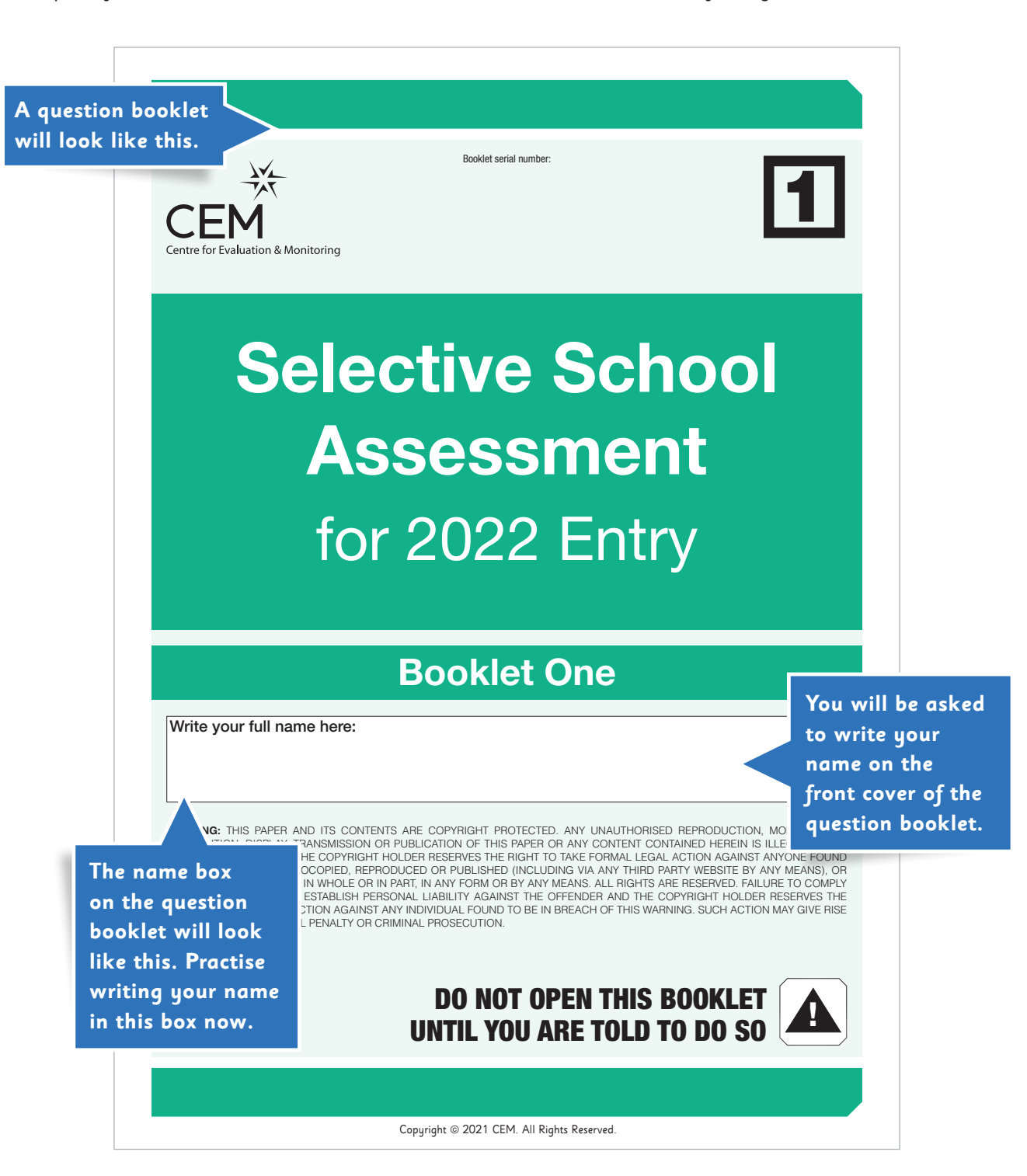 Selective school assessment Booklet  front page
