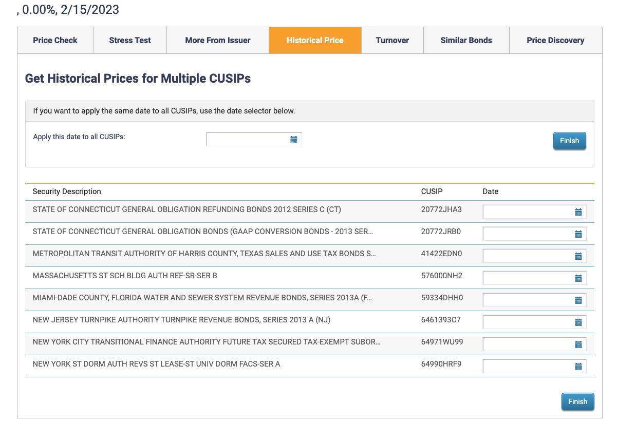 Data selection for Multiple cusips historical price check